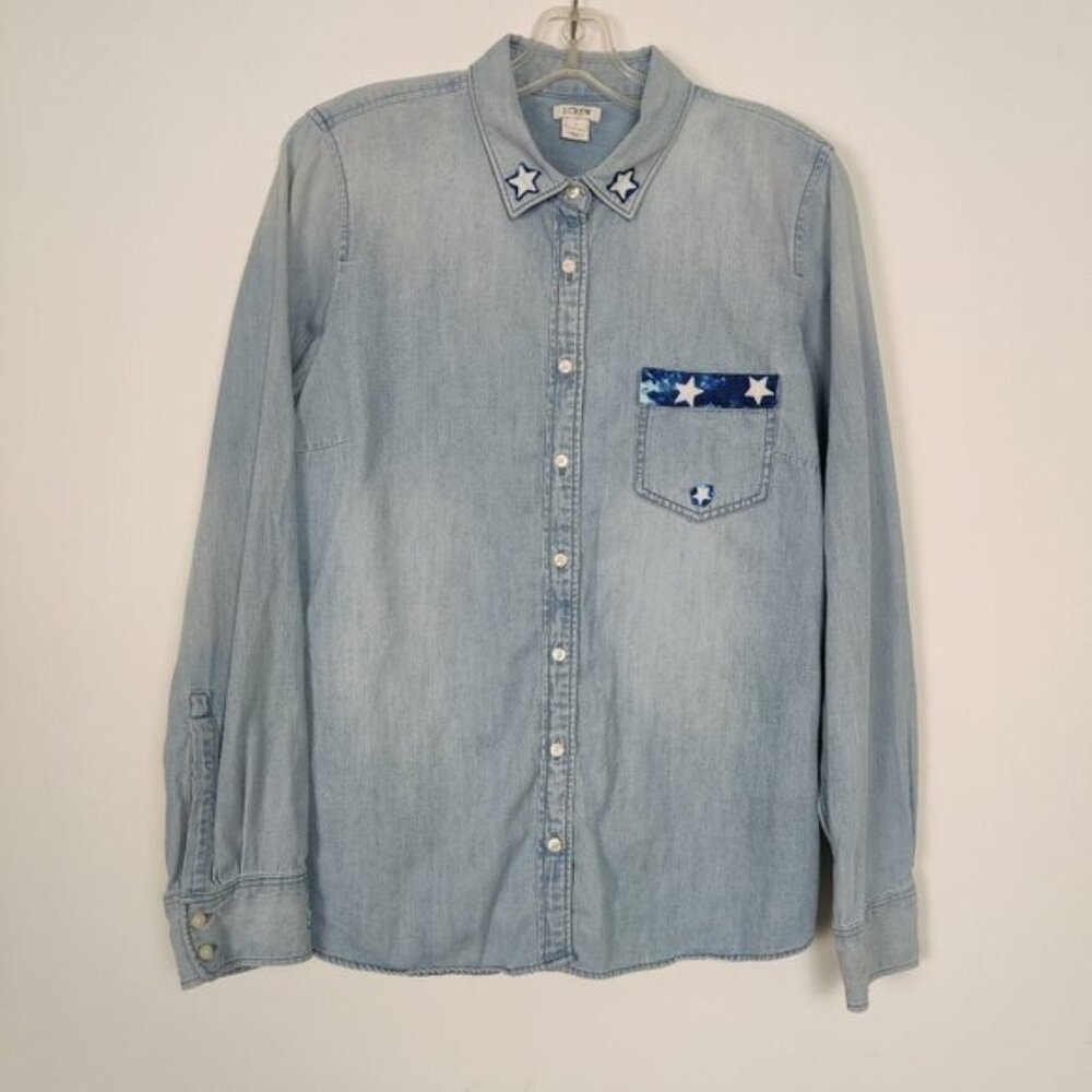 J. Crew Womens Shirt Size L Blue White Stars Cotton Patchwork Western